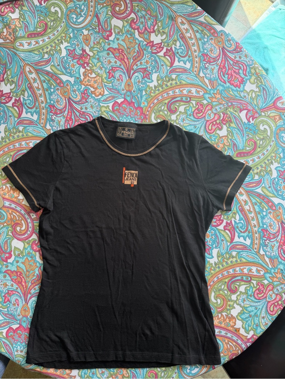 Fendi Black Short-Sleeve Crewneck Tee with Gold Trim